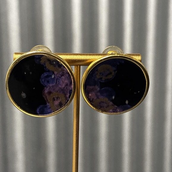 Source Unknown Jewelry - Gold Tone Reversible Round Disc Earrings Purple Floral Enamel Statement Studs